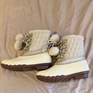 Girls Quilted Winter Boots with Pom Poms